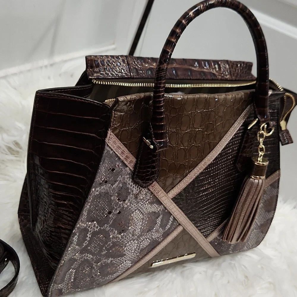 🖤▪️BRAHMIN▪️ TAUPE Tempera PRISCILLA Croc Satchel  Python Patchwork + Wallet